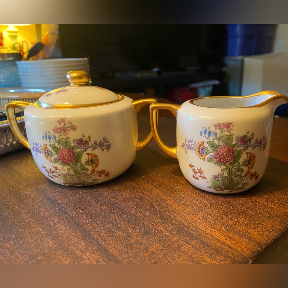 Pickard Floral Cream and Sugar Set with Gold Trim. 1930’s